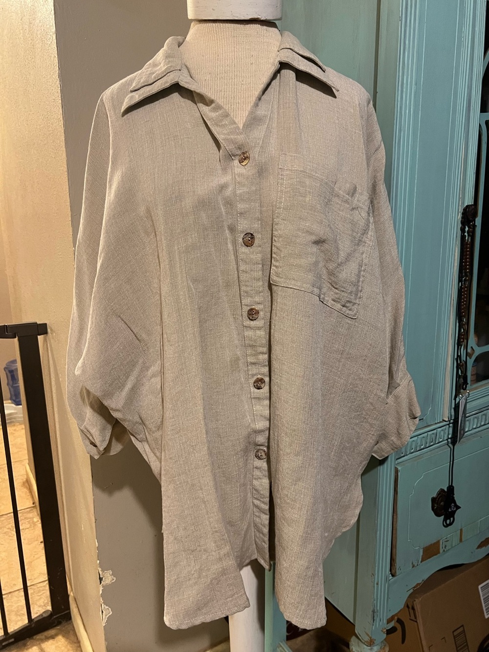 Fridaze 100% Linen Button Front Tunic Shirt X-Large XL Taupe Tan Lagenlook Boho